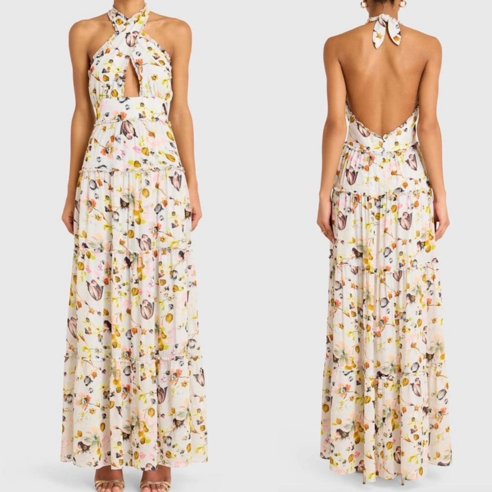 Amanda Uprichard Estella Floral Maxi Dress Halter Cream White Pink Backless M